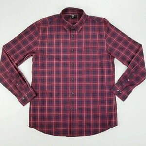 Uniqlo Sz Large Men's Button Down Long Sleeve Red Black Check Plaid Cotton Shirt